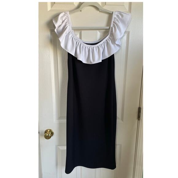 H&M Flounced Off The Shoulder Dress Sz M Black White Sheath Stretch Coquette - Picture 2 of 10